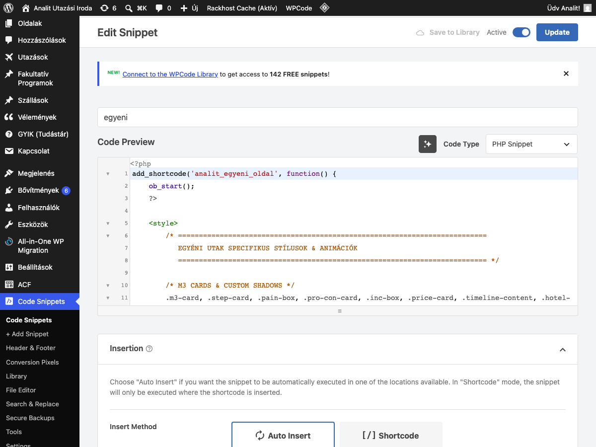Code Snippets szerkesztő