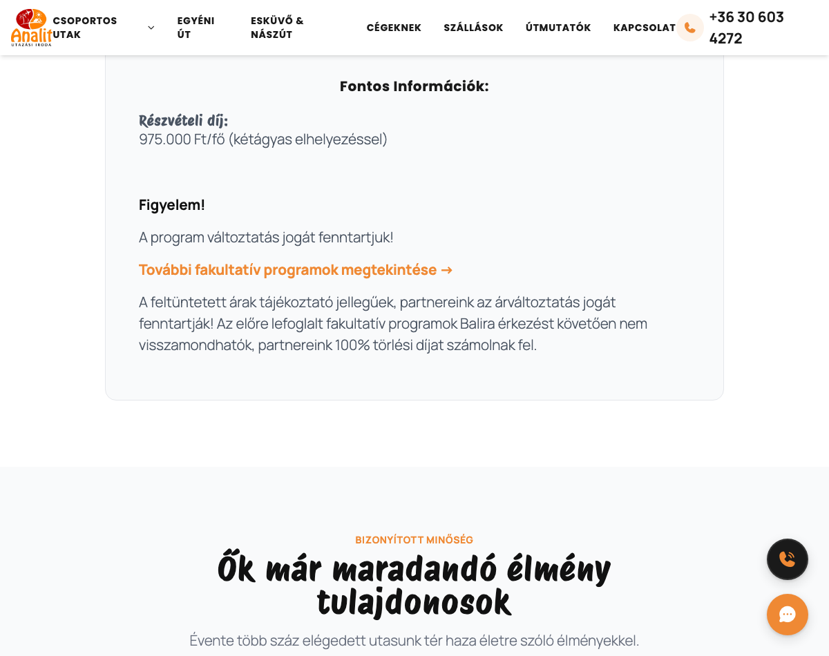 A részvételi díj helye az utazás oldalán